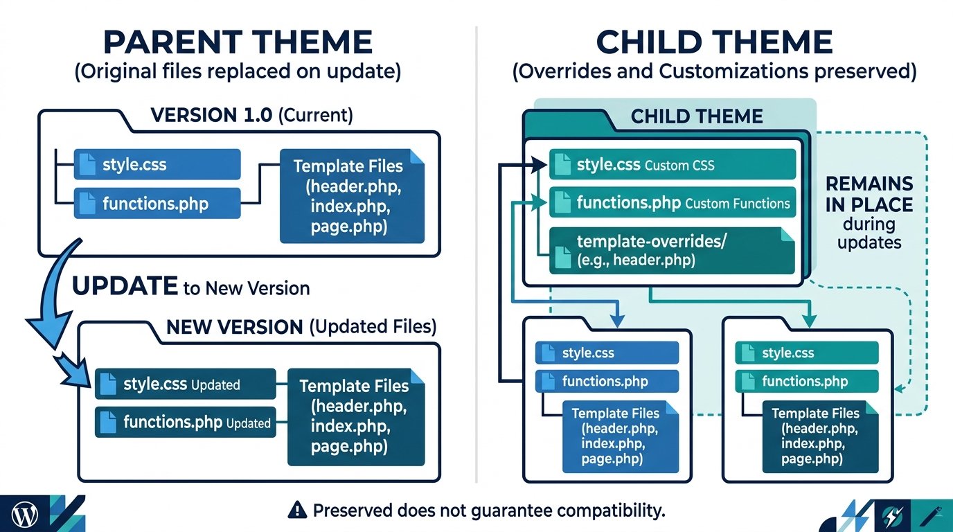 Parent theme and child theme behavior during a WordPress theme update