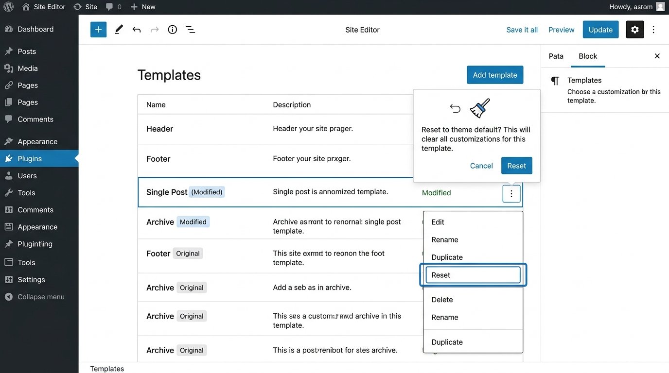 Reset option for a customized WordPress block theme template