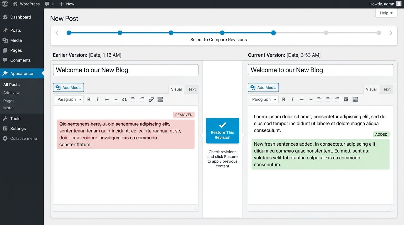 WordPress revision history showing previous versions of a page