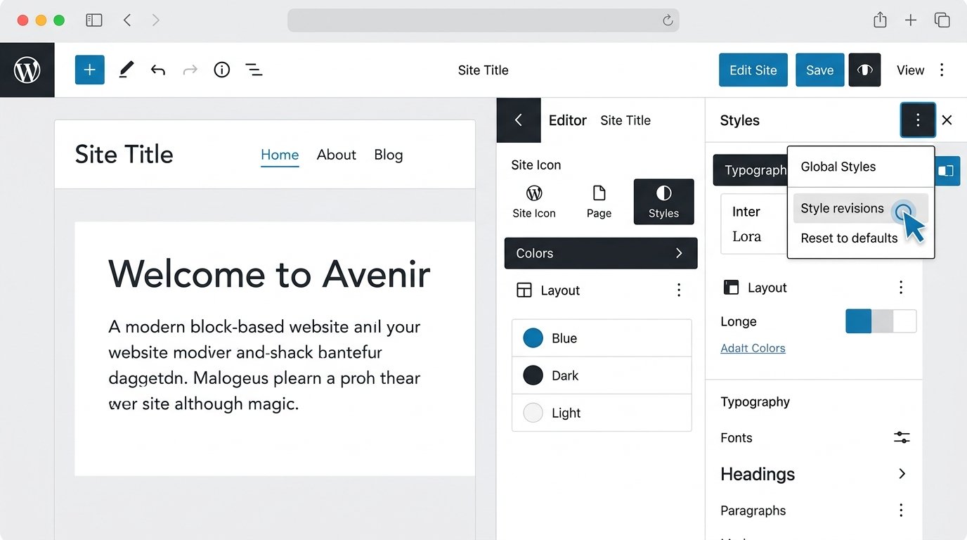 WordPress Site Editor showing Style revisions for global styles