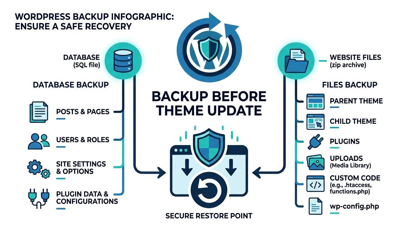 WordPress database and files to back up before updating a theme