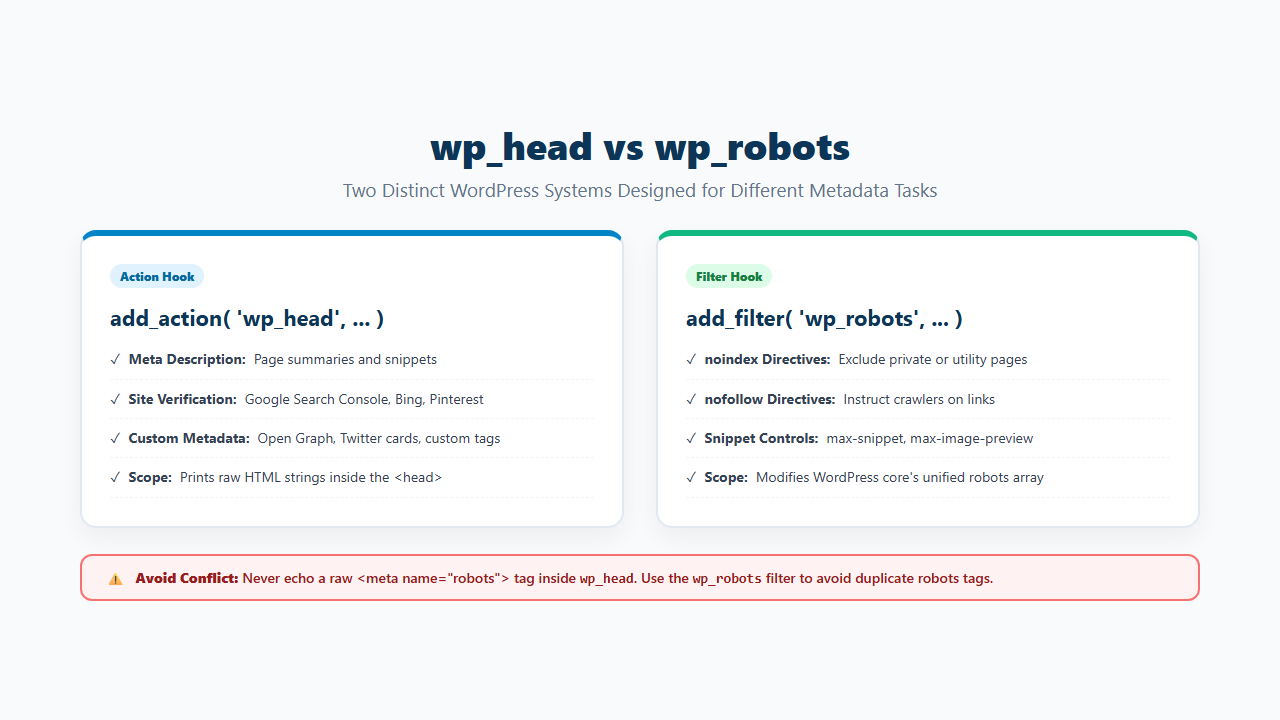 Difference between wp_head and wp_robots for WordPress meta tags