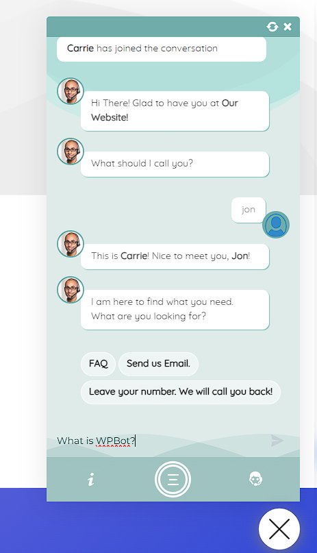 WPBot live chatbot interface and conversational lead form in WordPress